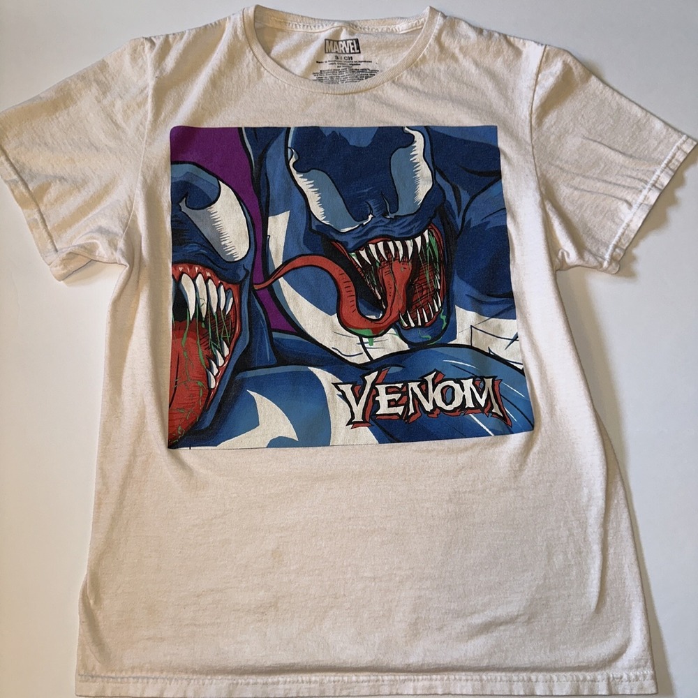 Marvel Venom Graphic T-Shirt Mens Small Cream Comic Art Short Sleeve Tee